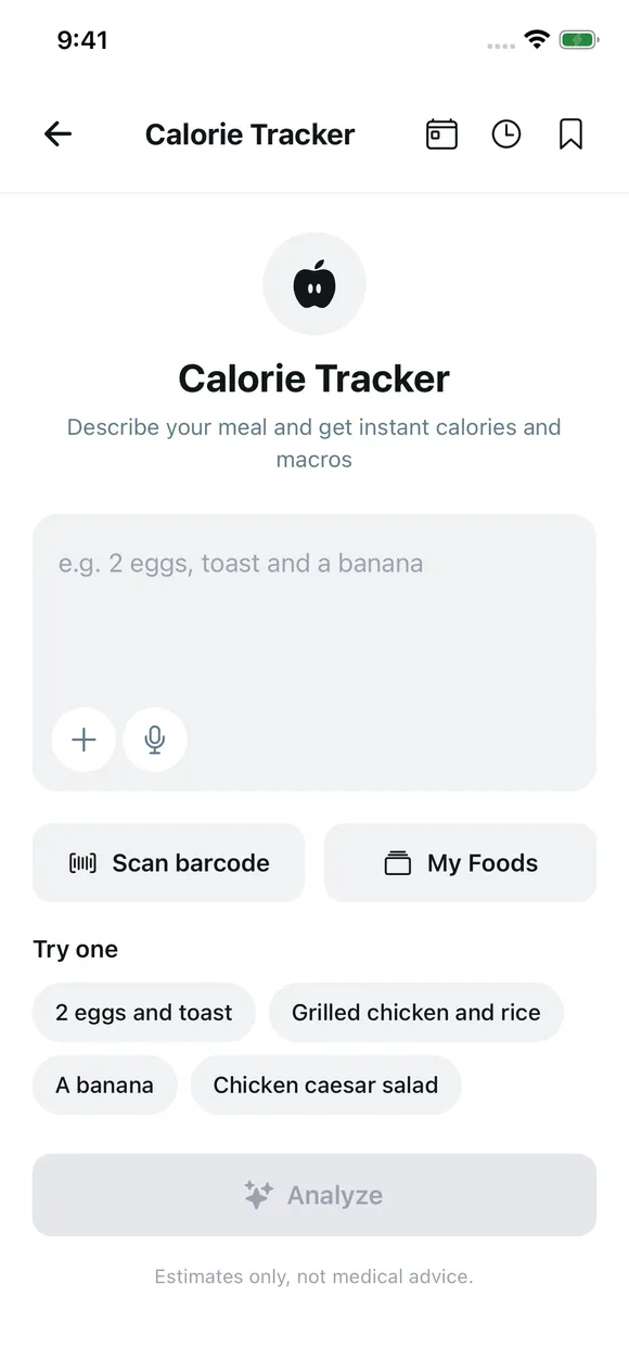 SimLife Calorie Tracker screen with meal description input and barcode scanner