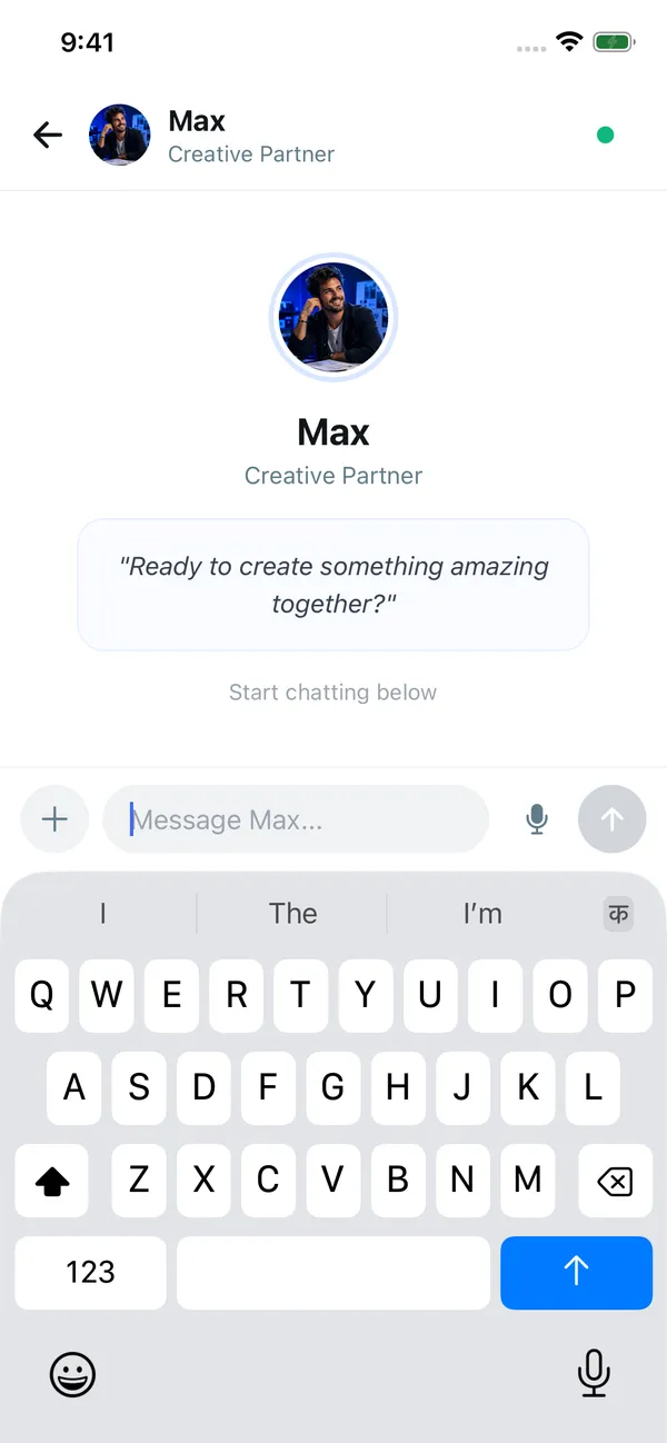 Chatting with Max, a creative partner character, in SimLife