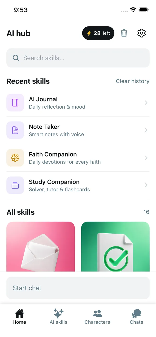 SimLife home screen showing the AI hub with recent skills and search