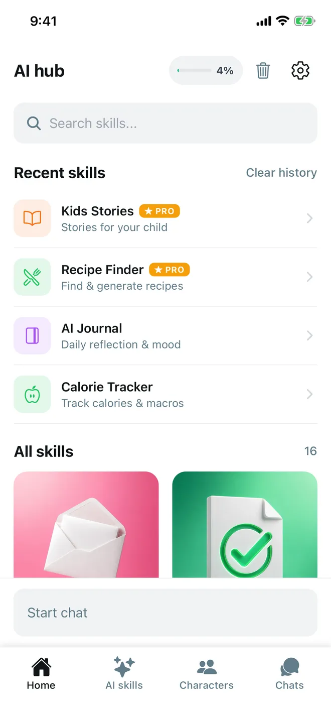 SimLife home screen showing the AI hub with recent skills and search