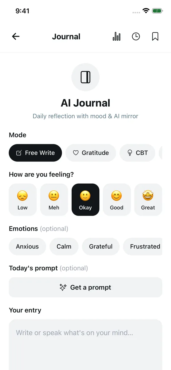 SimLife AI Journal screen with mood picker, emotions and journaling modes