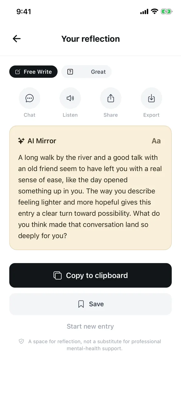 SimLife AI Journal screen with mood picker, emotions and journaling modes