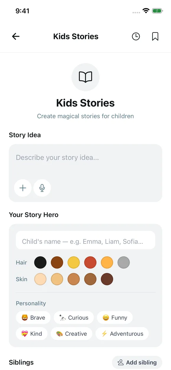 SimLife Kids Stories screen with story hero builder: name, hair, skin and personality