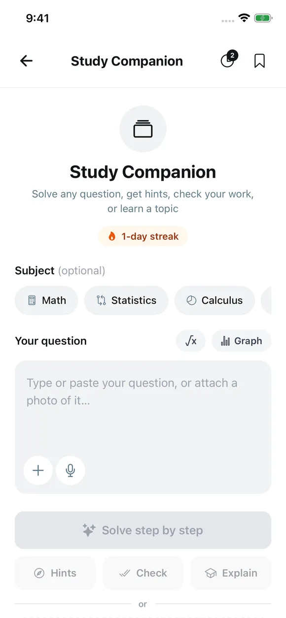 SimLife Study Companion screen with subject chips, math input and photo attach